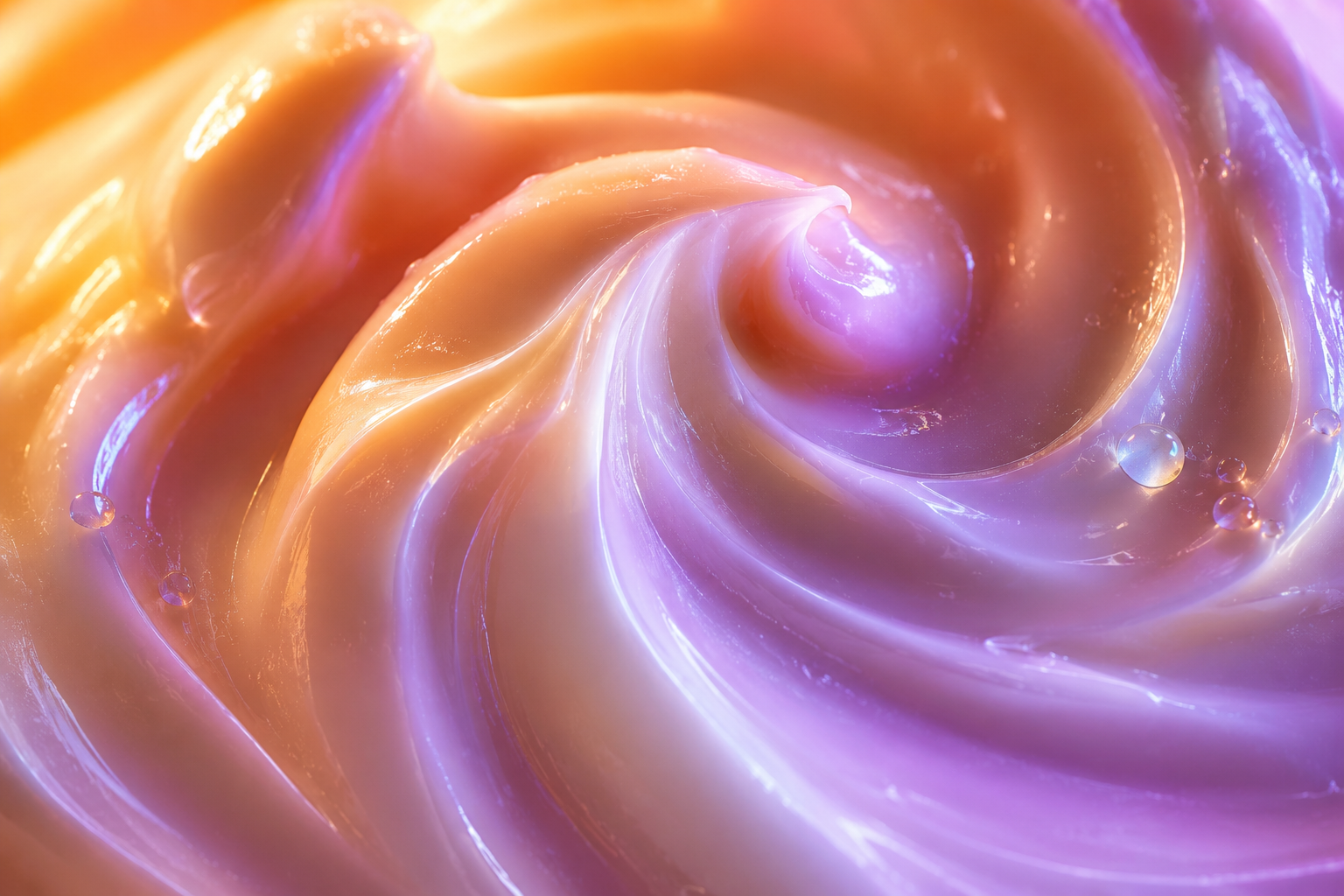 Macro of a silky compounded cream swirl in tangerine and violet light